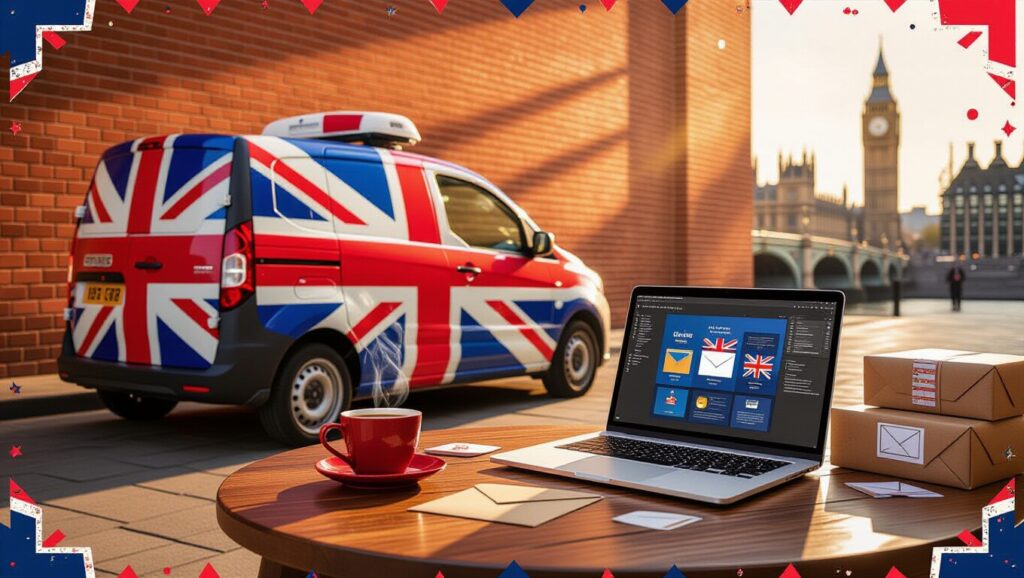 Union Jack-wrapped delivery van, laptop with UK icons, and red mug on wooden table in front of Big Ben in London, England.