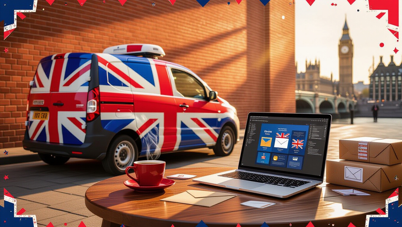 Union Jack-wrapped delivery van, laptop with UK icons, and red mug on wooden table in front of Big Ben in London, England.