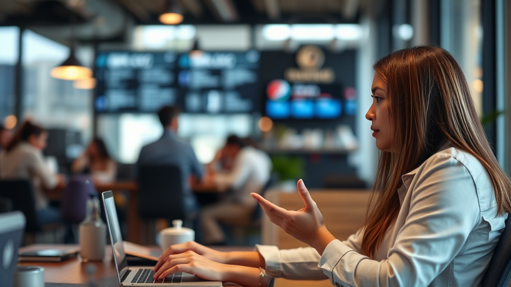 Woman using laptop in office cafe setting with blurred background.