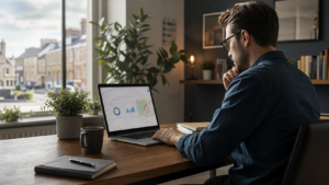 Small UK business owner working on SEO strategy and analytics