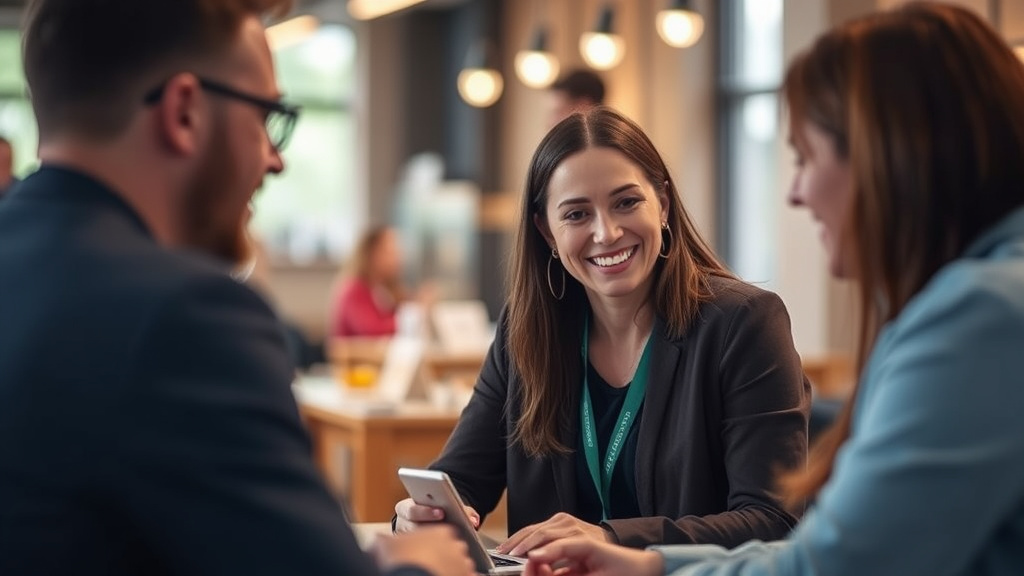 Three professionals in a business meeting, a smiling woman in the center using a laptop.