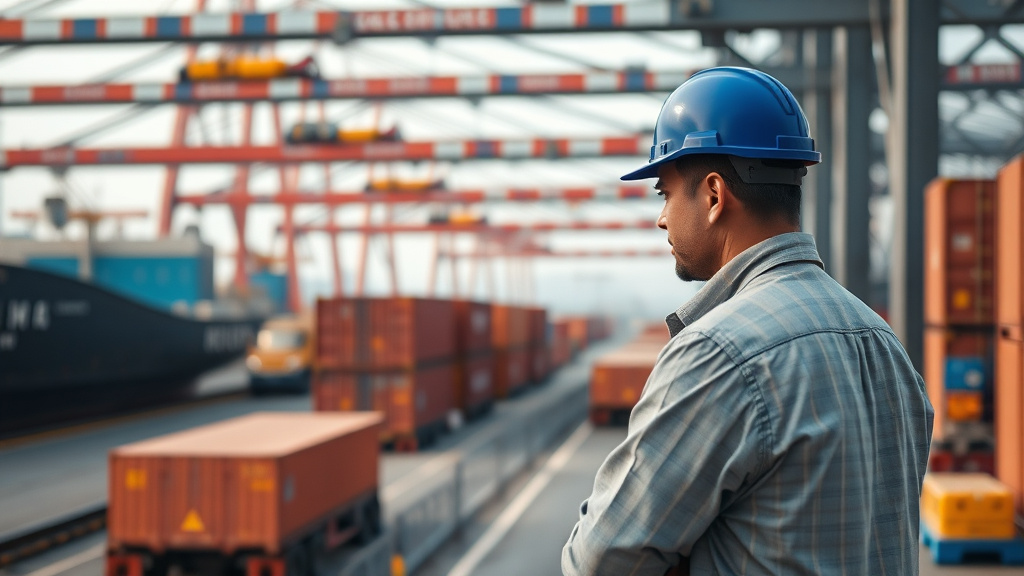 Worker in blue hardhat observing cargo containers in shipping yard