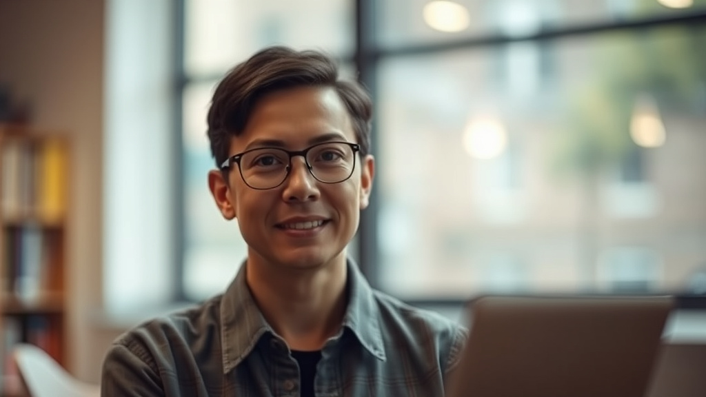 A smiling digital marketing professional working at a laptop in a bright office