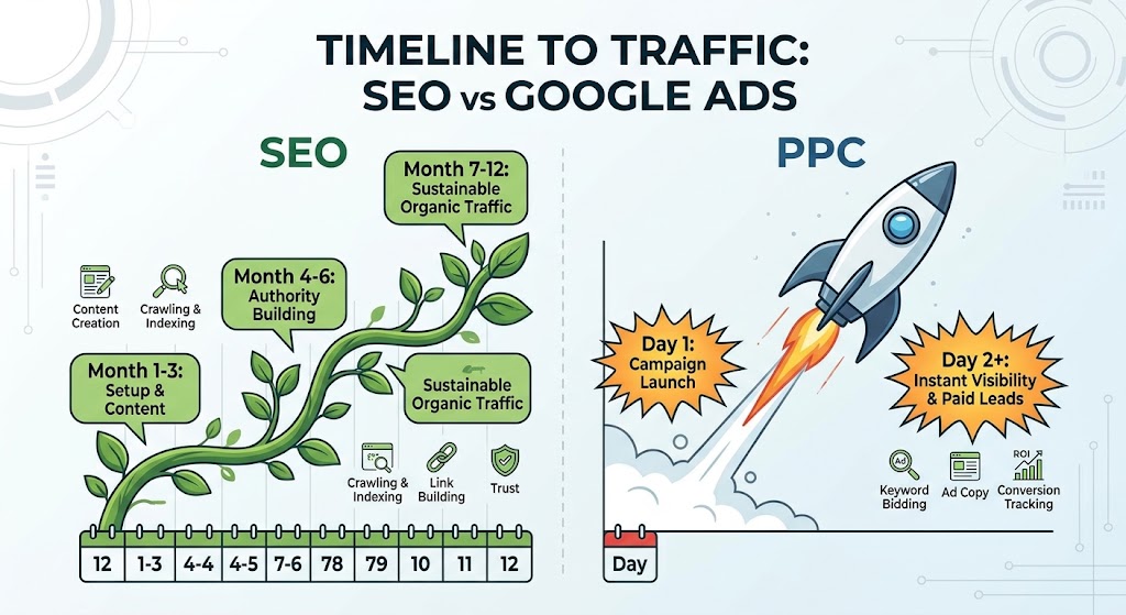 Timeline comparison: SEO grows gradually over months 1-12 (setup, authority, sustainable traffic), while PPC delivers instant visibility and leads from day 1-2 of campaign launch