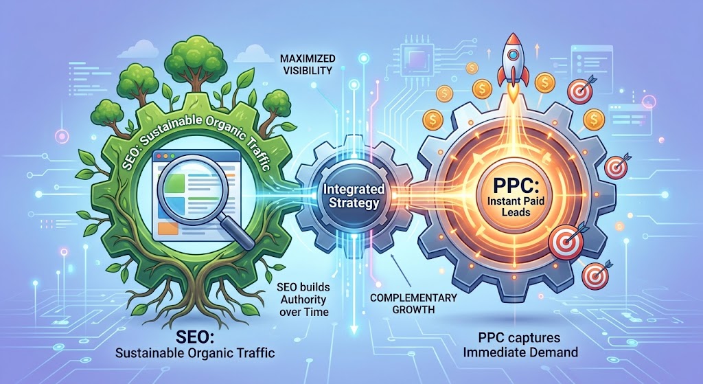 Illustration of SEO as a growing tree labelled "Sustainable Organic Traffic" and PPC as a rocket-powered gear labelled "Instant Paid Leads", connected by an "Integrated Strategy" gear