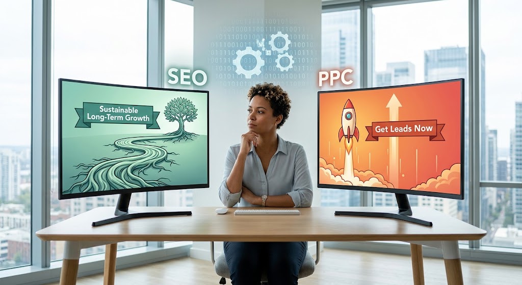 A professional image analyst specializing in SEO and PPC optimization, sitting at a desk and analyzing computer screens displaying images related to sustainable long-term growth and lead generation.