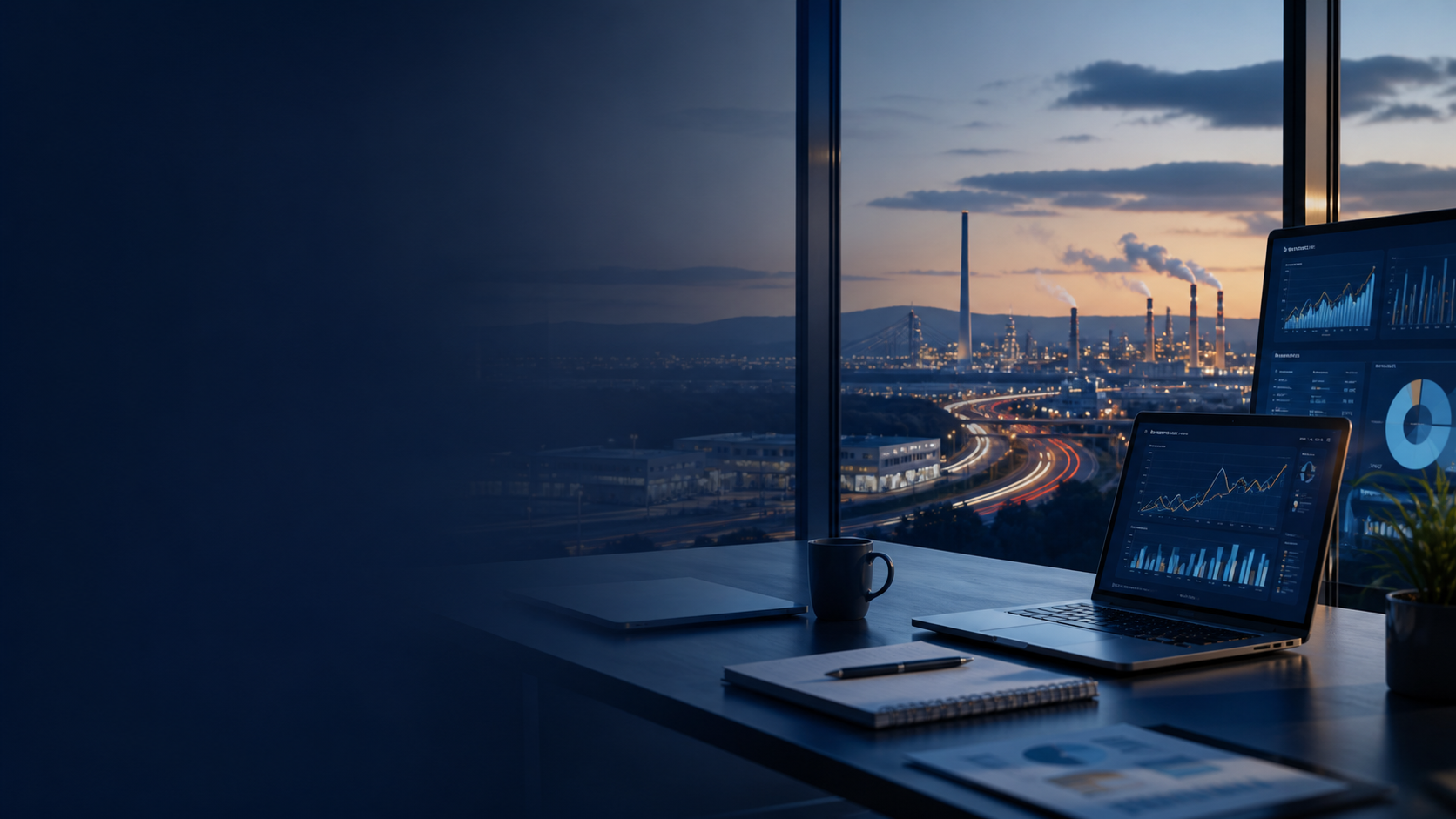 Falkirk industrial skyline and digital marketing desk scene with analytics screens