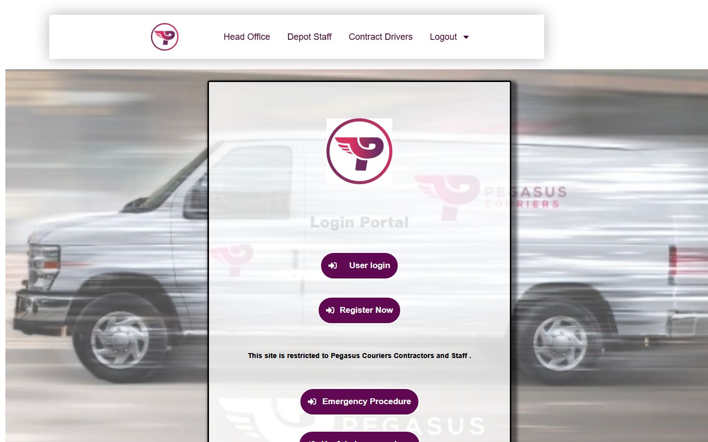 Pegasus Couriers intranet portal screenshot